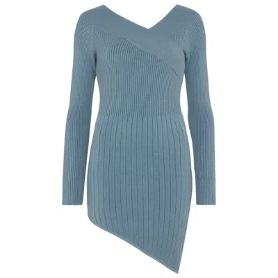 Les Friday Women's Sidney Blue Ribbed Knit Off Shoulder Asymmetric Mini Dress