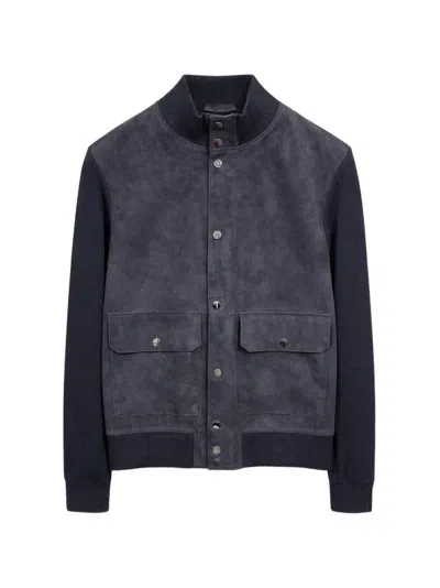 Les Héritiers Panelled Goat Suede Jacket In Blue