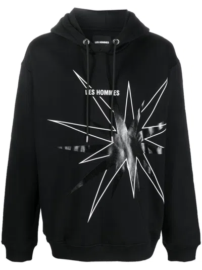 Les Hommes Logo Star-print Drawstring Hoodie In Black