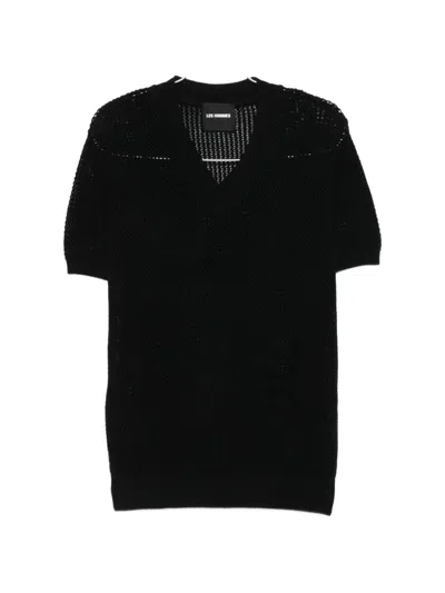 Les Hommes Open-knit V-neck T-shirt In Black
