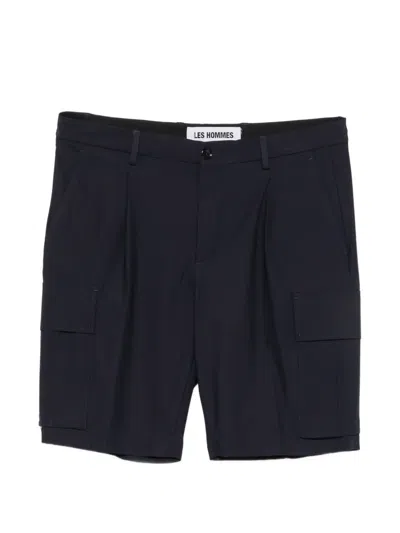 Les Hommes Pleated Cargo Shorts In Blue