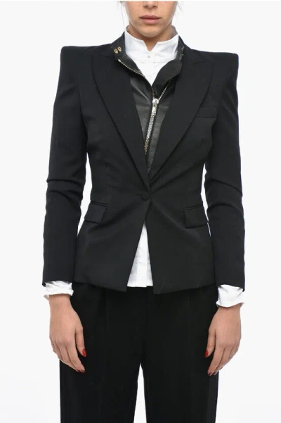 Les Hommes Single Breasted Blazer With Leather Chest-piece In Black
