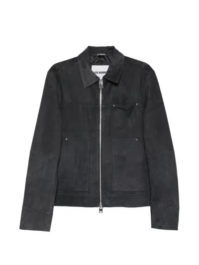 Les Hommes Suede Zip-up Jacket In Black
