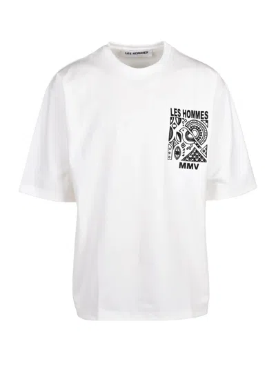 Les Hommes White Graphic Print Cotton-blend T-shirt In Animal Print