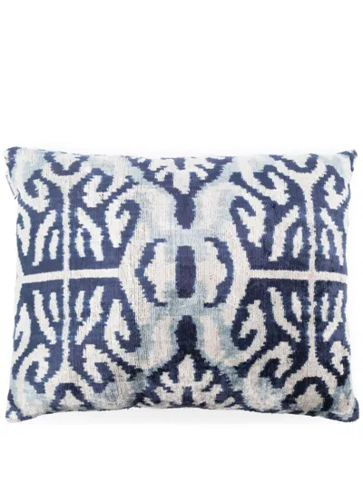 Les-ottomans Blue Graphic Print Silk Velvet Cushion In Neutrals