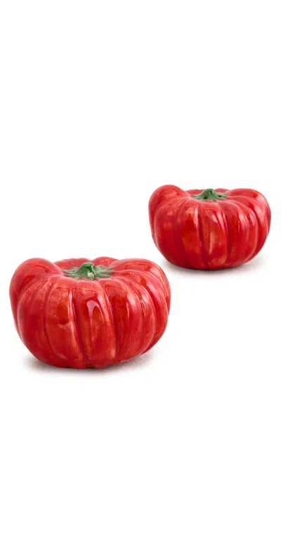 Les Ottomans Ceramic Tomato Salt And Pepper Shaker Set Tomatoes/green In Red
