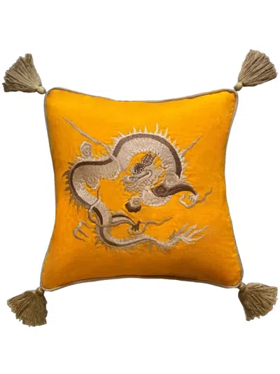 Les-ottomans Dragon Embroidered Cushion (50cm X 50cm) In Gelb