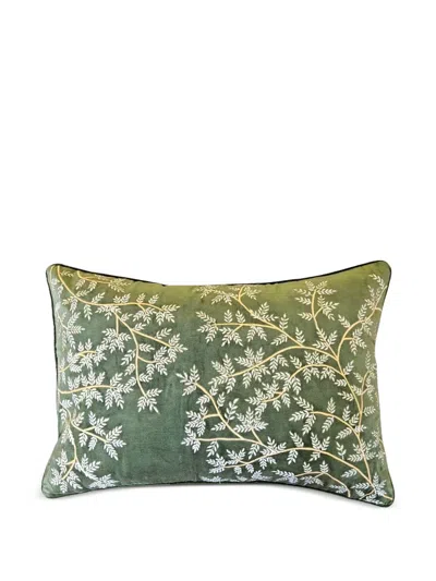 Les-ottomans Embroidered Botanical Cushion In Green