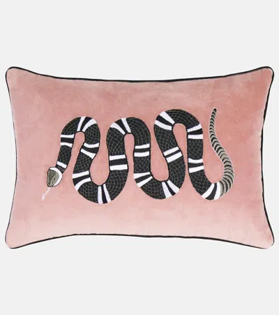 Les-ottomans Embroidered Cotton Velvet Cushion In Red