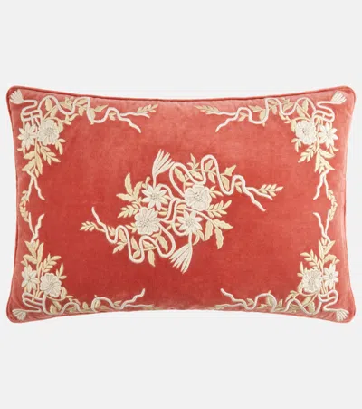Les-ottomans Embroidered Cotton Velvet Cushion In Red