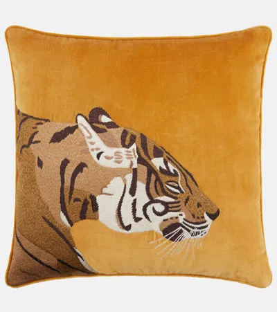 Les-ottomans Embroidered Cotton Velvet Cushion In Brown