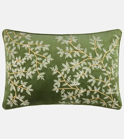 Les-ottomans Embroidered Cotton Velvet Cushion In Green