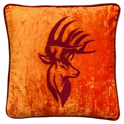 Pre-owned Les Ottomans Embroidered Velvet Cushion Cover - Deer Stag In Red