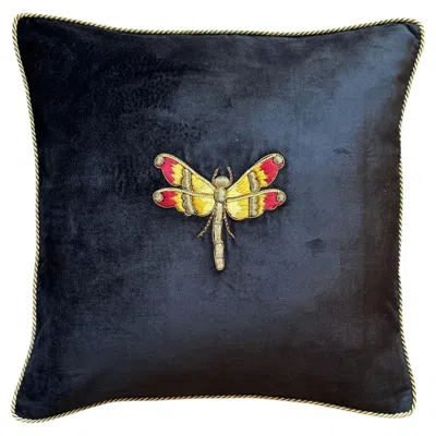 Pre-owned Les Ottomans Embroidered Velvet Cushion Cover - Dragonfly In Black