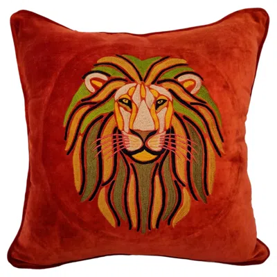 Pre-owned Les Ottomans Embroidered Velvet Cushion Cover - Lion In Red