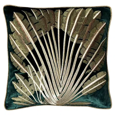 Pre-owned Les Ottomans Embroidered Velvet Cushion Cover - Palm In Black