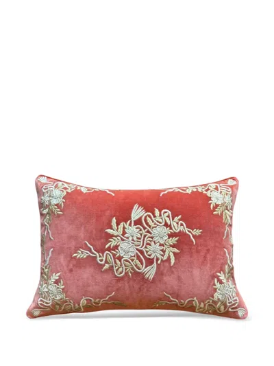 Les-ottomans Floral-embroidered Cushion In Red