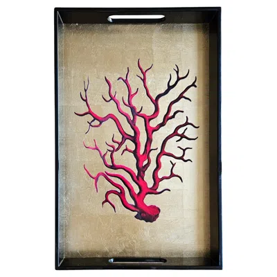Pre-owned Les Ottomans Gold Lacquered Wooden Tray With Handles – Coral In Red