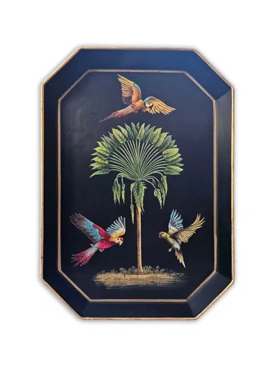 Les-ottomans Hand-painted Bird-print Tray In Blue