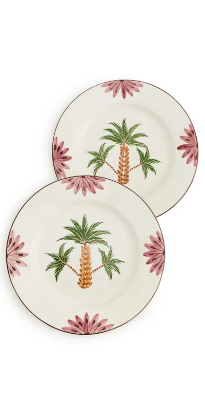 Les Ottomans Hand Painted Tree Ceramic Dinner Plate Set Green/brown/pink In Multi