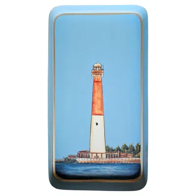 Pre-owned Les Ottomans Hand-painted Decorative Iron Tray - Beach Lighthouse In Blue