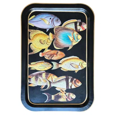 Pre-owned Les Ottomans Hand-painted Decorative Iron Tray - Fish In Black