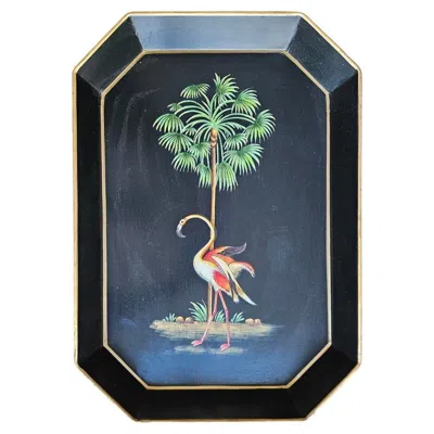 Pre-owned Les Ottomans Hand-painted Decorative Iron Tray - Flamingo In Black
