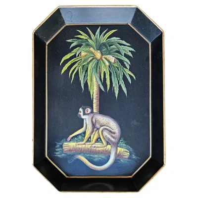 Pre-owned Les Ottomans Hand-painted Decorative Iron Tray - Monkey In Black