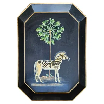 Pre-owned Les Ottomans Hand-painted Decorative Iron Tray - Zebra In Black