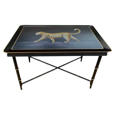 Pre-owned Les Ottomans Hand-painted Iron Coffee Table - Leopard In Black