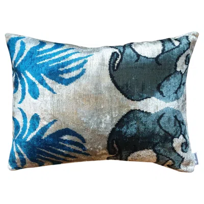 Pre-owned Les Ottomans Ikat Silk Velvet Handmade Pillow - Style #422 In Blue