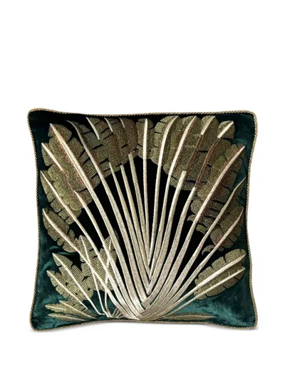 Les-ottomans Leaf-embroidery Cushion In Green