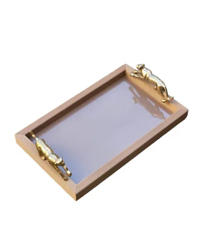 Les-ottomans Leather And Brass Leopard Tray In Gold