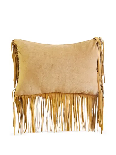 Les-ottomans Leather-fringes Cushion In Brown