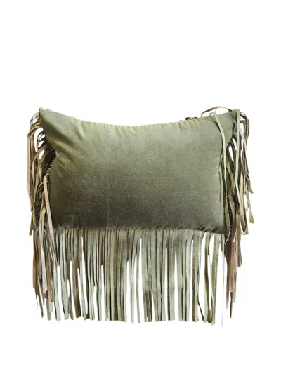 Les-ottomans Leather-fringes Cushion In Green