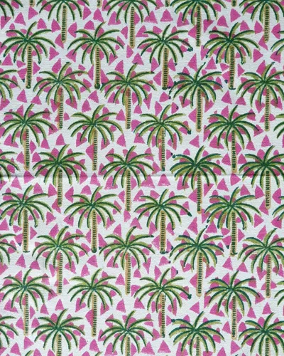 Les Ottomans Lemon Hand-printed Cotton Tablecloth In Green/pink