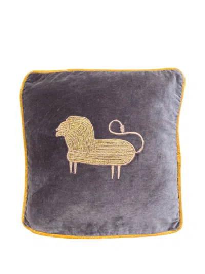 Les-ottomans Lion-embroidered Cushion (50cm X 50cm) In Gray