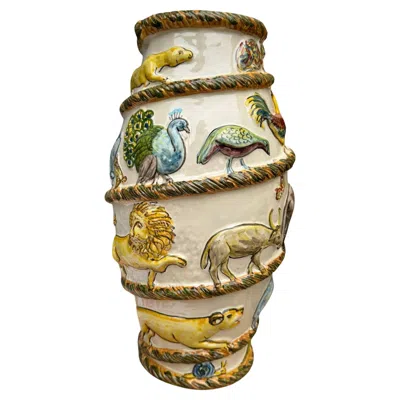 Pre-owned Les Ottomans Menagerie Hand-painted Ceramic Vase - Animals In Sand