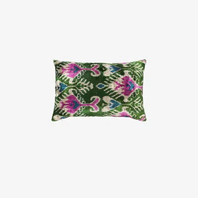 Les Ottomans Multicoloured Ikat Silk Reversible Cushion In Green