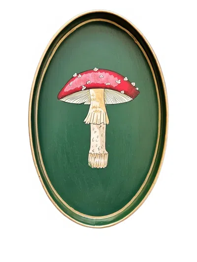 Les-ottomans Mushroom Hand-painted Tray (33cm X 20cm) In Green