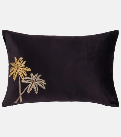 Les-ottomans Palms Embroidered Velvet Cushion In Black