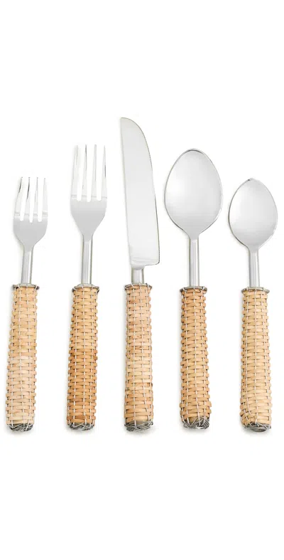 Les Ottomans Rattan Cutlery Set Light Brown/steel In Neutral