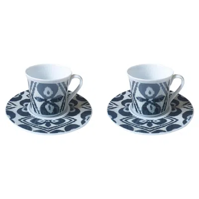 Pre-owned Les Ottomans Set Of 2 Ceramic Ikat Coffee Cup & Saucer - Black / White