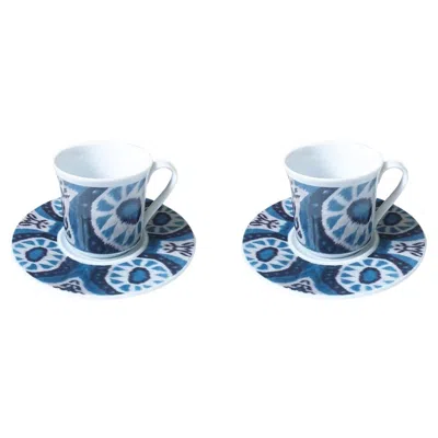 Pre-owned Les Ottomans Set Of 2 Ceramic Ikat Coffee Cup & Saucer - Blue / White