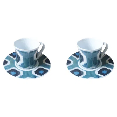 Pre-owned Les Ottomans Set Of 2 Ceramic Ikat Coffee Cup & Saucer - Green / Blue