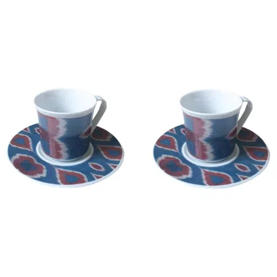 Pre-owned Les Ottomans Set Of 2 Ceramic Ikat Coffee Cup & Saucer - Red / Blue