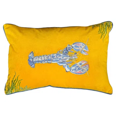 Pre-owned Les Ottomans Tropical Hand Embroidered Cotton Velvet Cushion Cover - Lobster In Orange