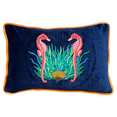 Pre-owned Les Ottomans Tropical Hand Embroidered Cotton Velvet Cushion Cover - Seahorse In Black