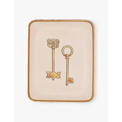 Les Ottomans White And Gold Keys Hand-painted Iron Tray 15cm In Multi