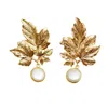 Les Reines Women's Golden Leaf With Pearl - Statement Earrings 24k Gold Plated